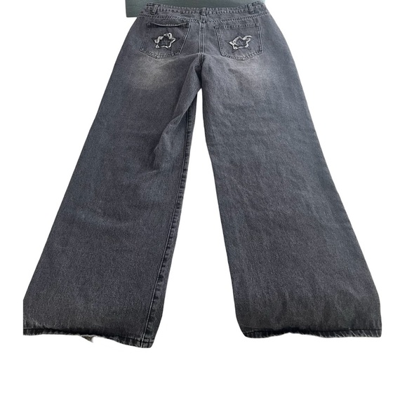 Hot Topic Womans‎ Black Frayed Star Patch Wide Leg Denim Pants Size Large Goth - Picture 3 of 7